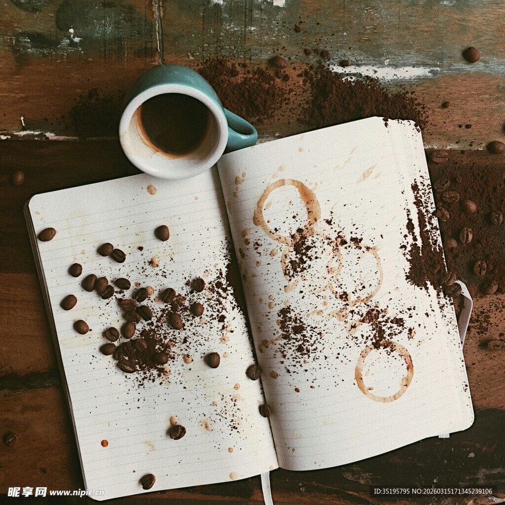 咖啡洒落翻开的笔记本