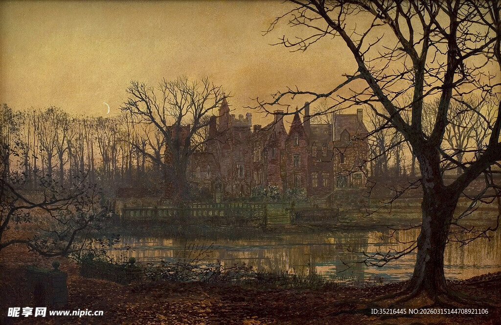 冬日河畔枯树风景图