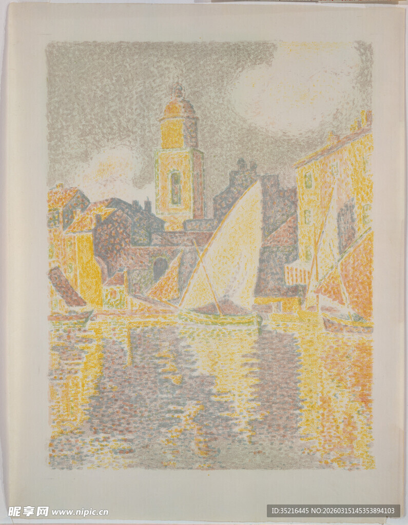 河畔城镇风景绘画作品