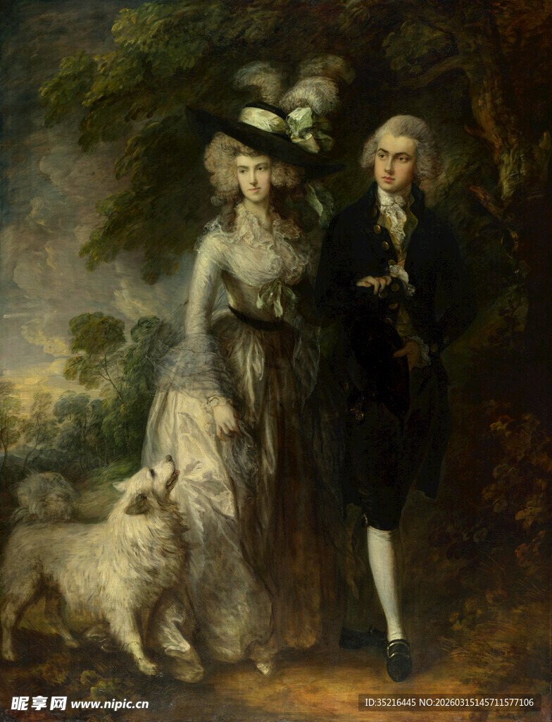 古典装扮人物与狗的画作