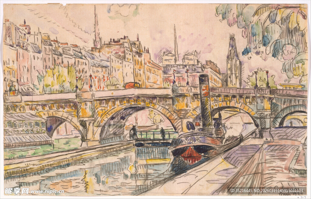 河畔石桥风景绘画作品