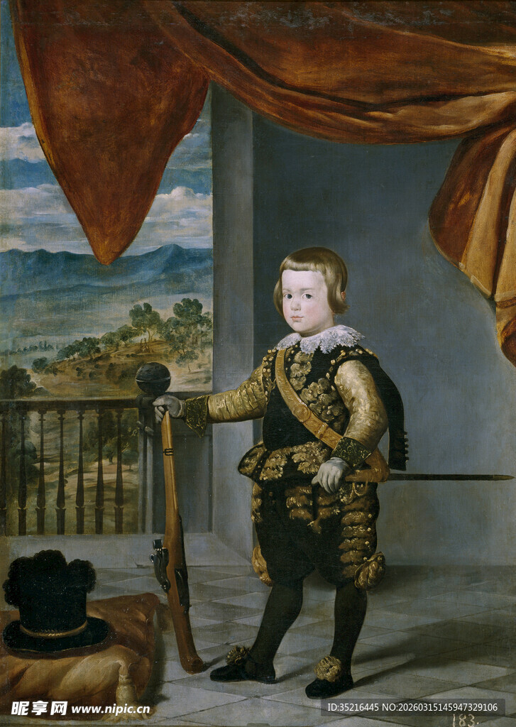 古典装扮小男孩持杖站立