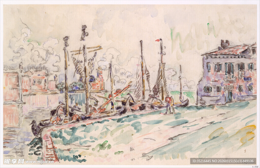 港口船只风景水彩画