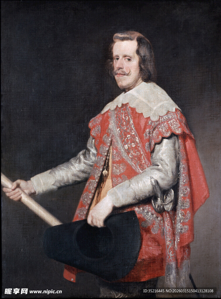 古典装扮男子持帽肖像画