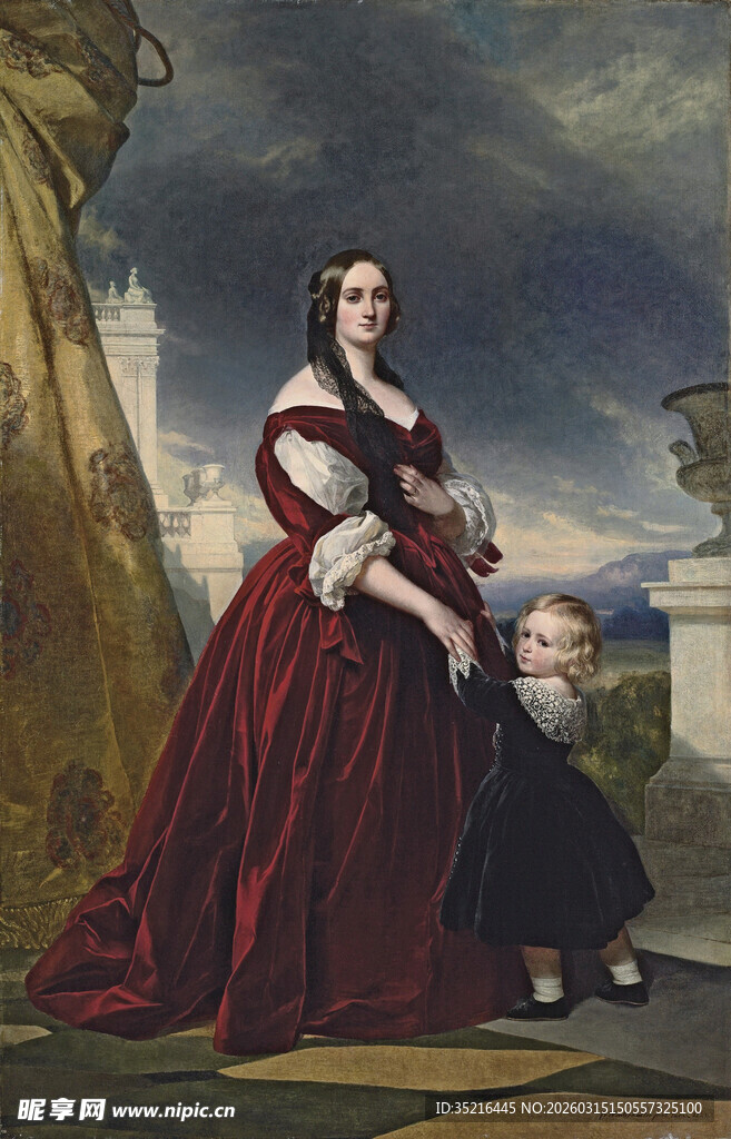 古典贵妇与孩童油画肖像