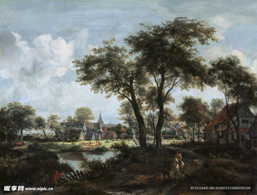 乡村河畔风景油画