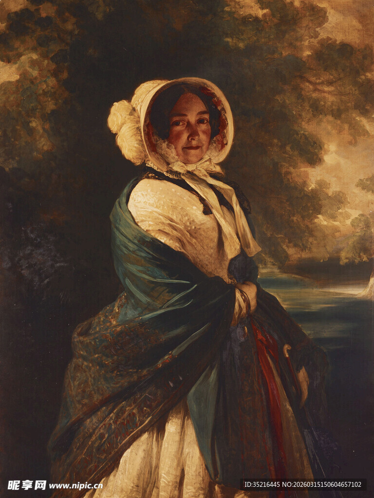 古典装扮女子持杖侧身像