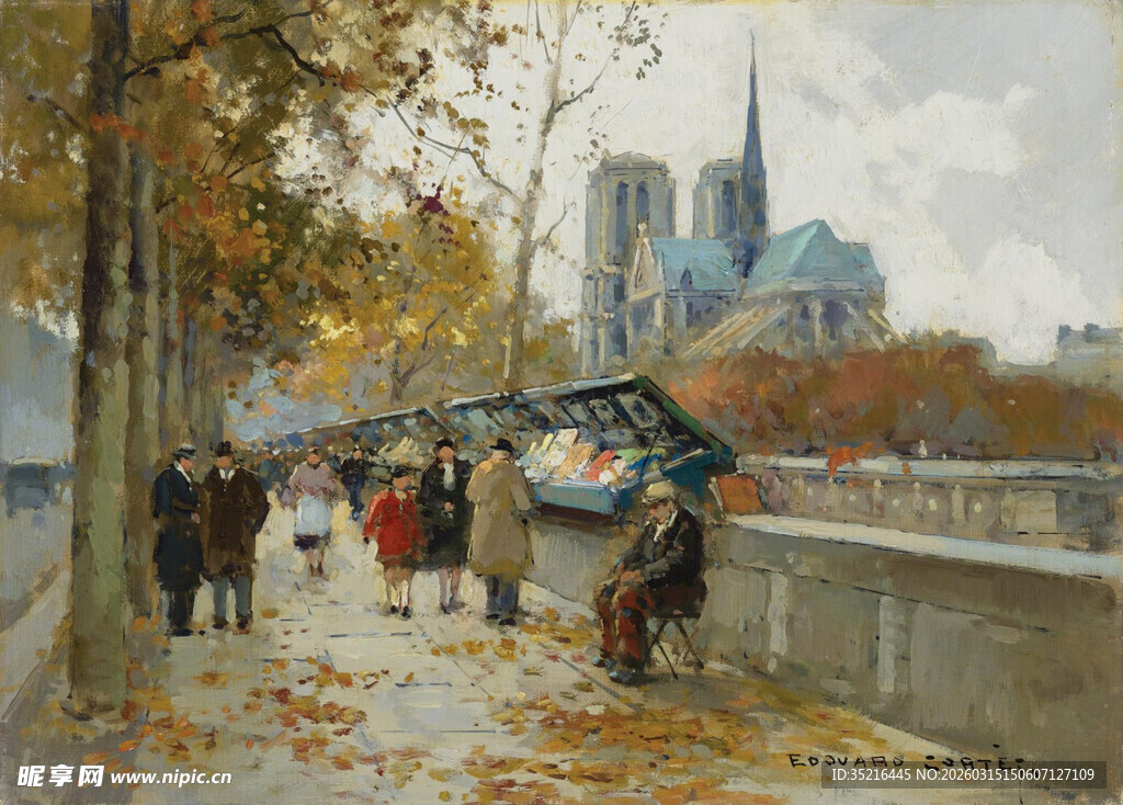 秋日河畔行人撑伞漫步图