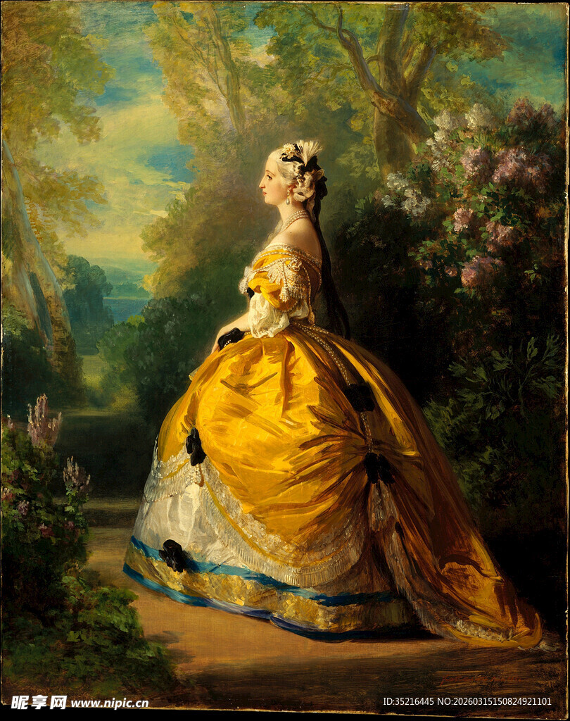古典黄裙贵妇园林肖像