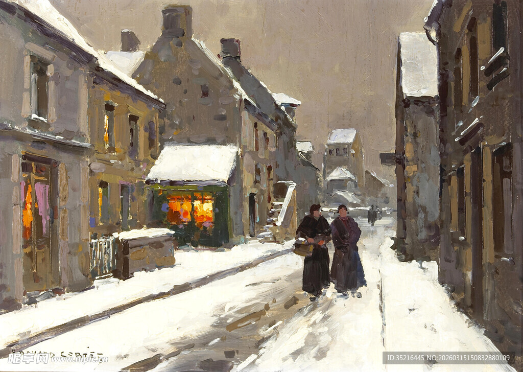 雪中小镇街道上的行人