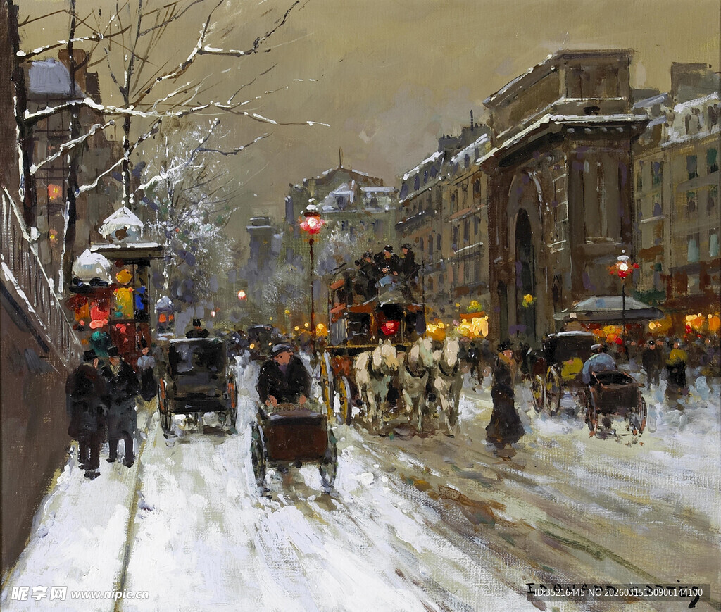 冬日街头马车穿梭雪景图