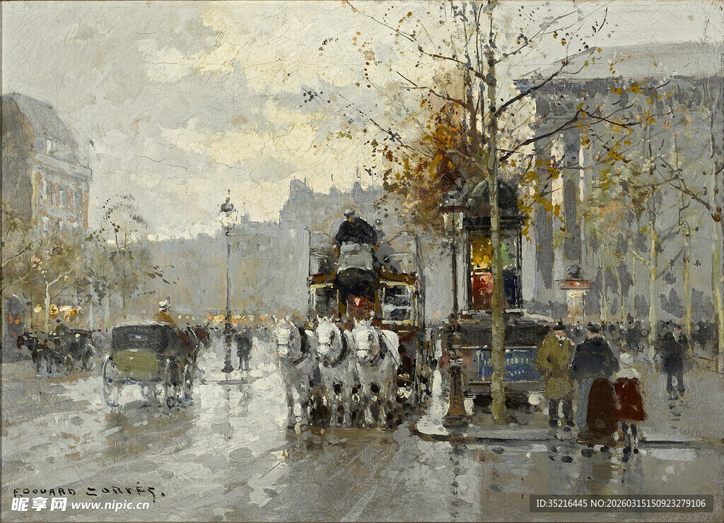 雨中街头的马车与行人