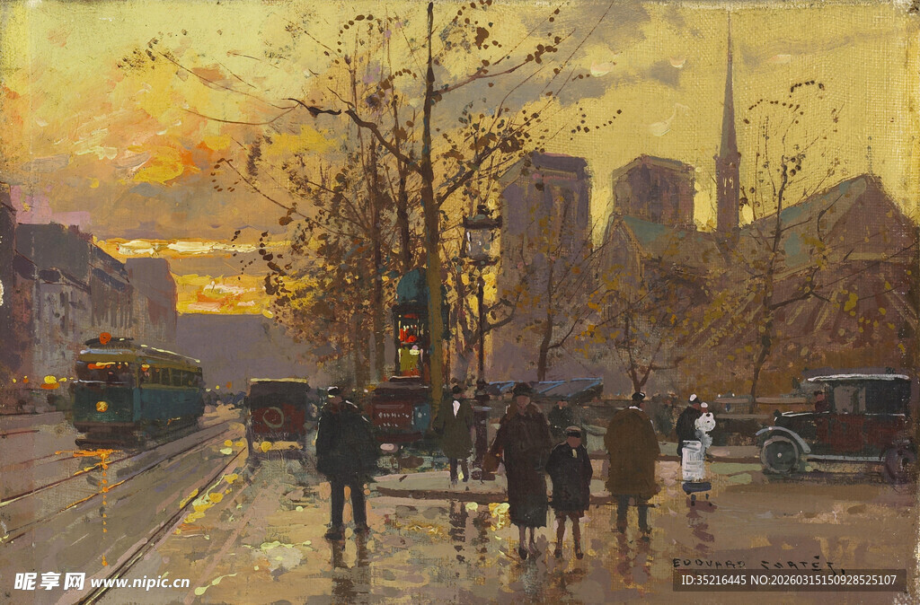 黄昏城市街道行人油画场景
