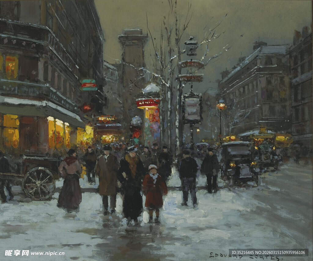 冬日雪夜的街头行人景象