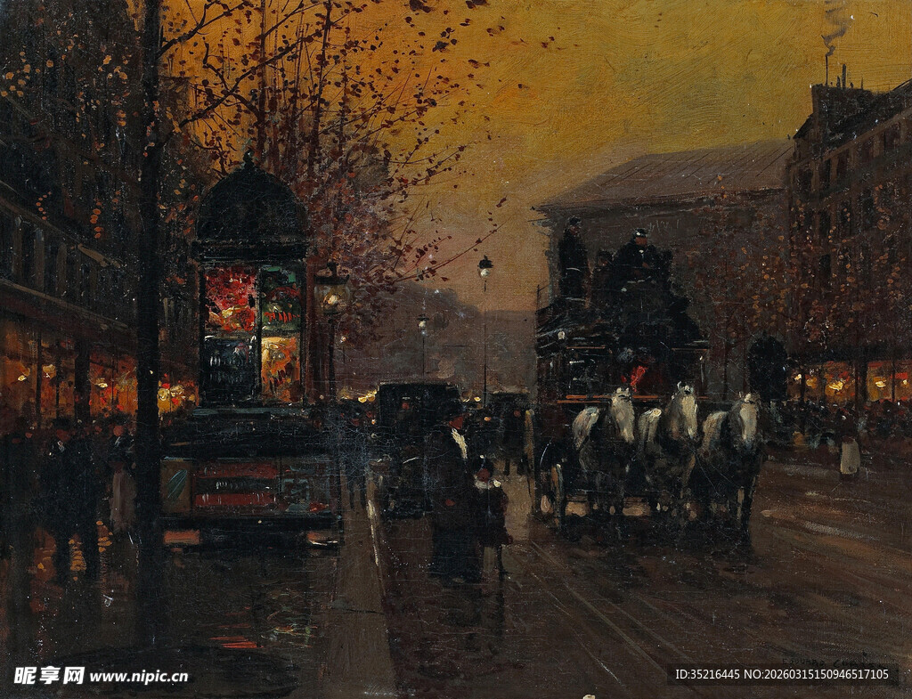 黄昏街道上的马车与行人