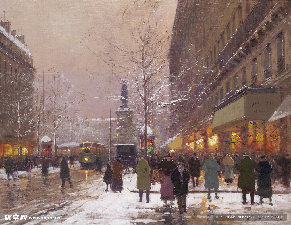 冬日街头雪景中的行人