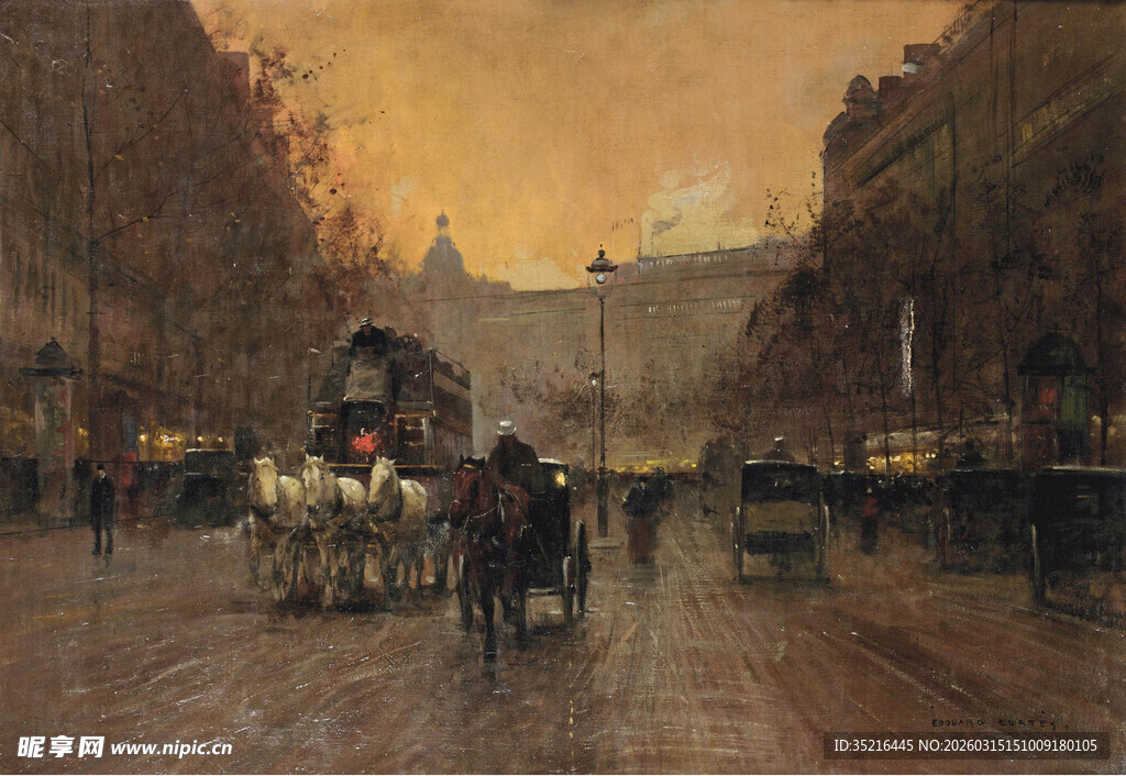 复古街道马车与行人景象