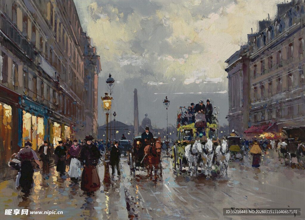 雨中欧式街道的热闹景象