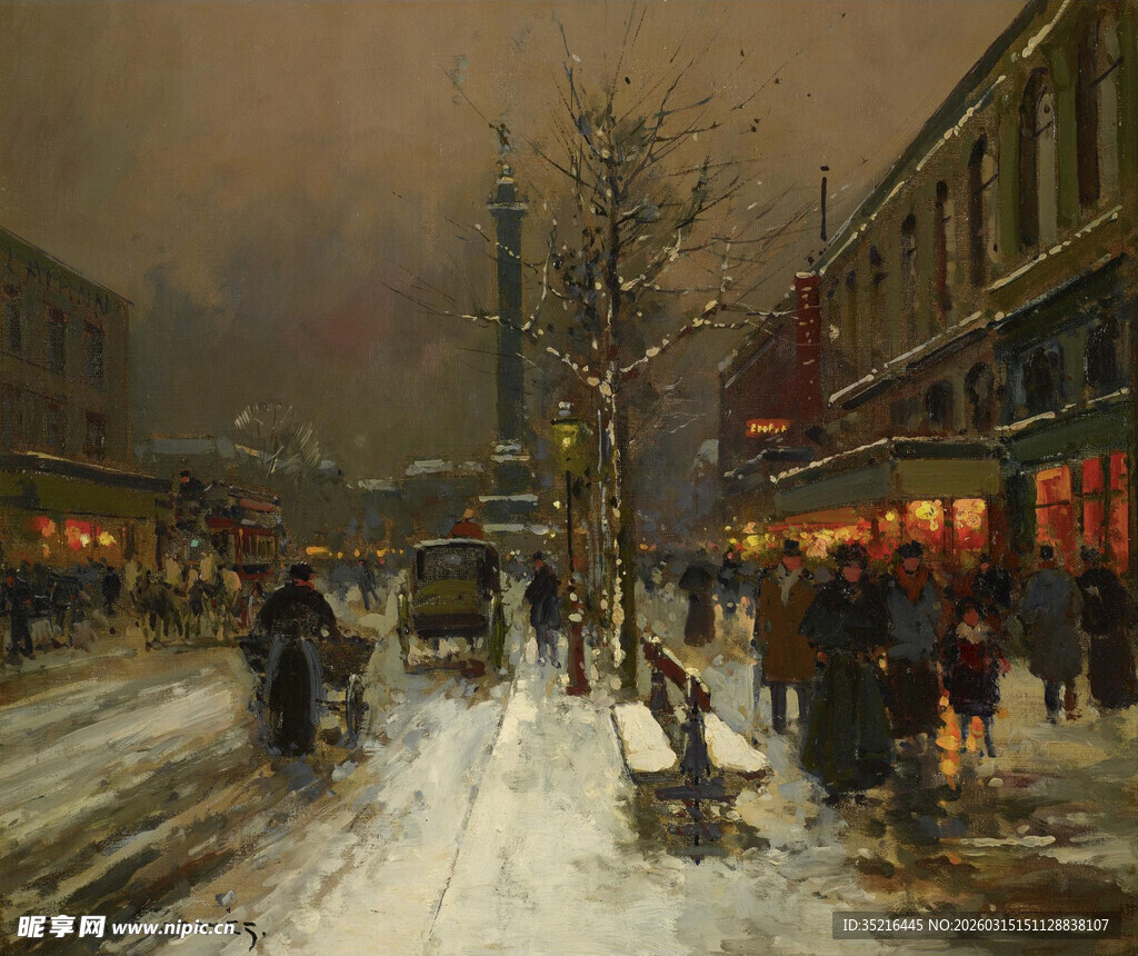 冬日雪夜的热闹街道