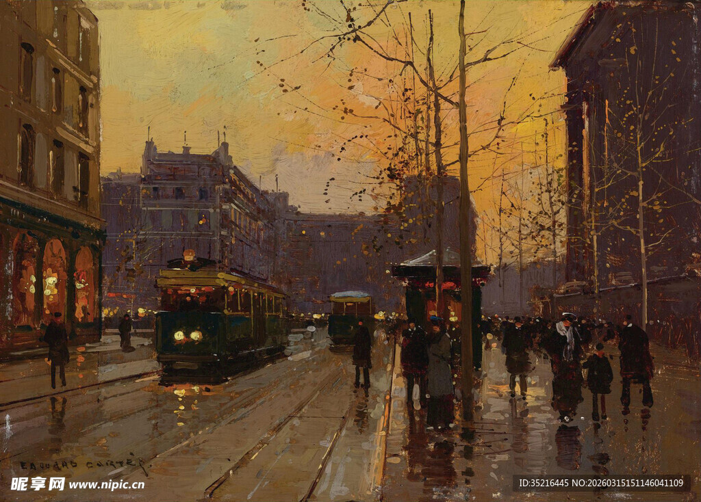 城市街道黄昏有轨电车景象