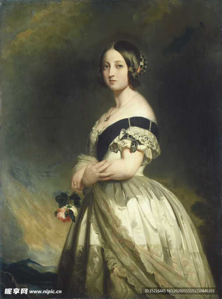 古典优雅的持花女士肖像