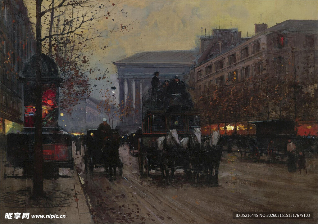 冬日街头的马车与行人