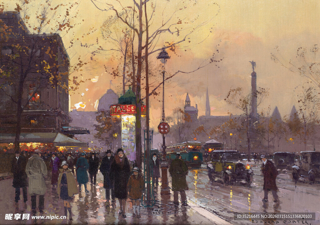 城市街头雨后行人油画场景