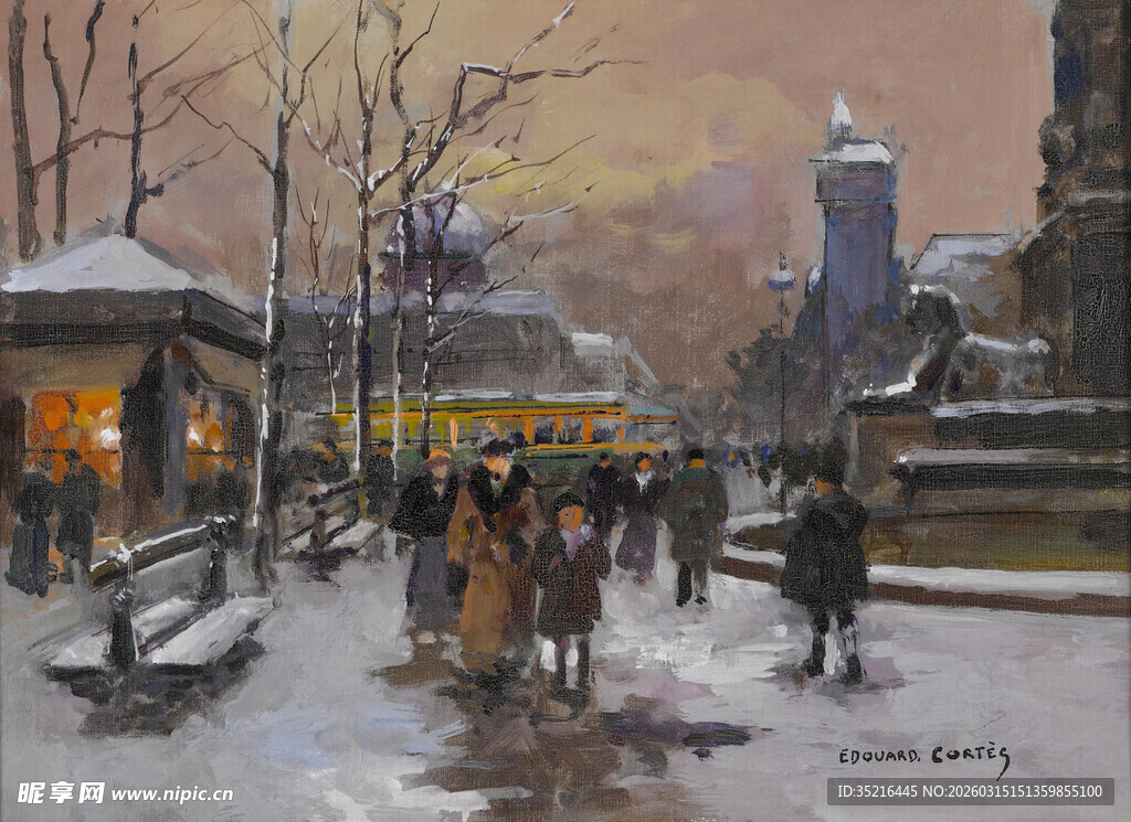 冬日街头行人雪景画面