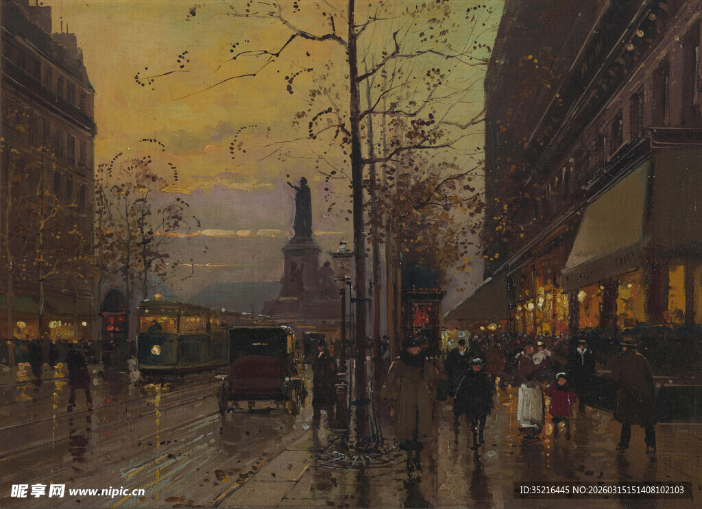 雨中城市街道黄昏景象