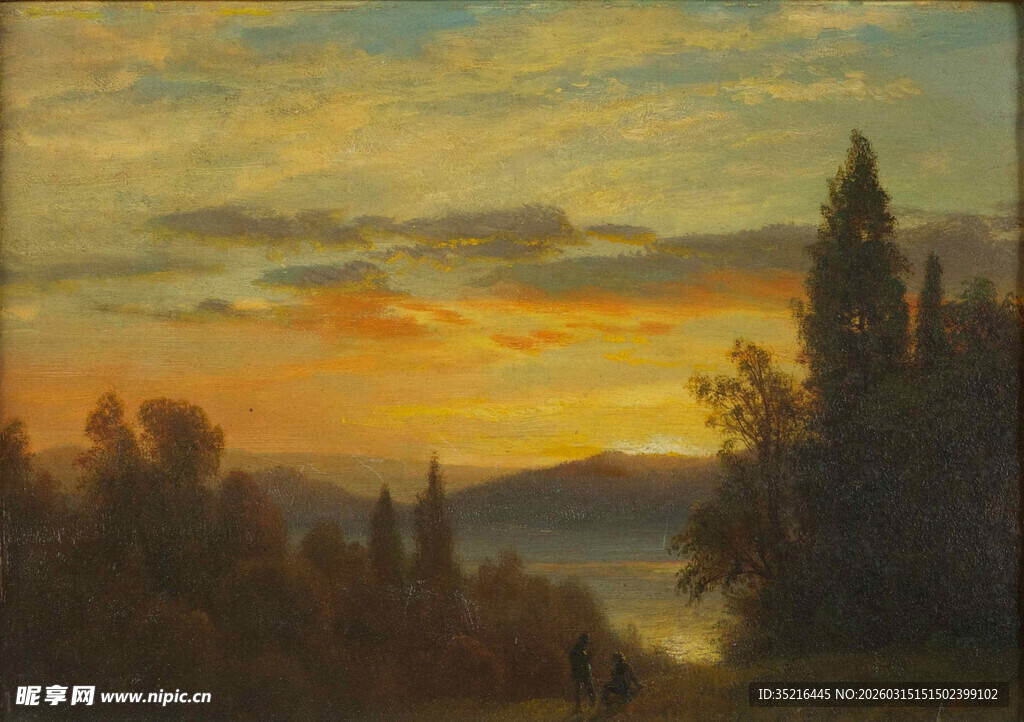 黄昏山林风景油画