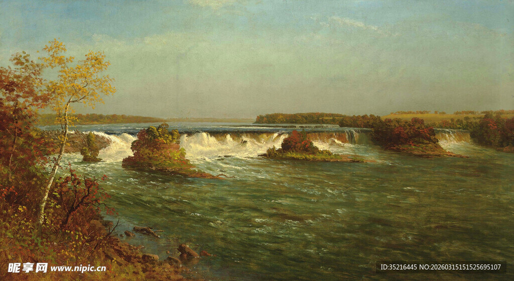 河畔桥梁风景油画