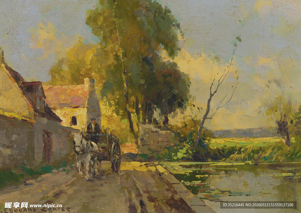乡村河畔风景油画