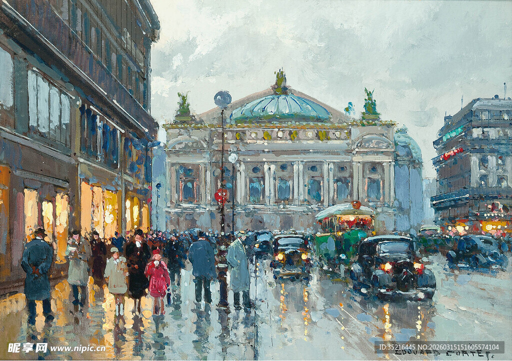 雨中的城市街道与古典建筑