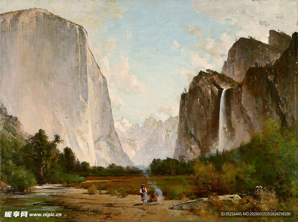 山间壮丽风景与溪边游人