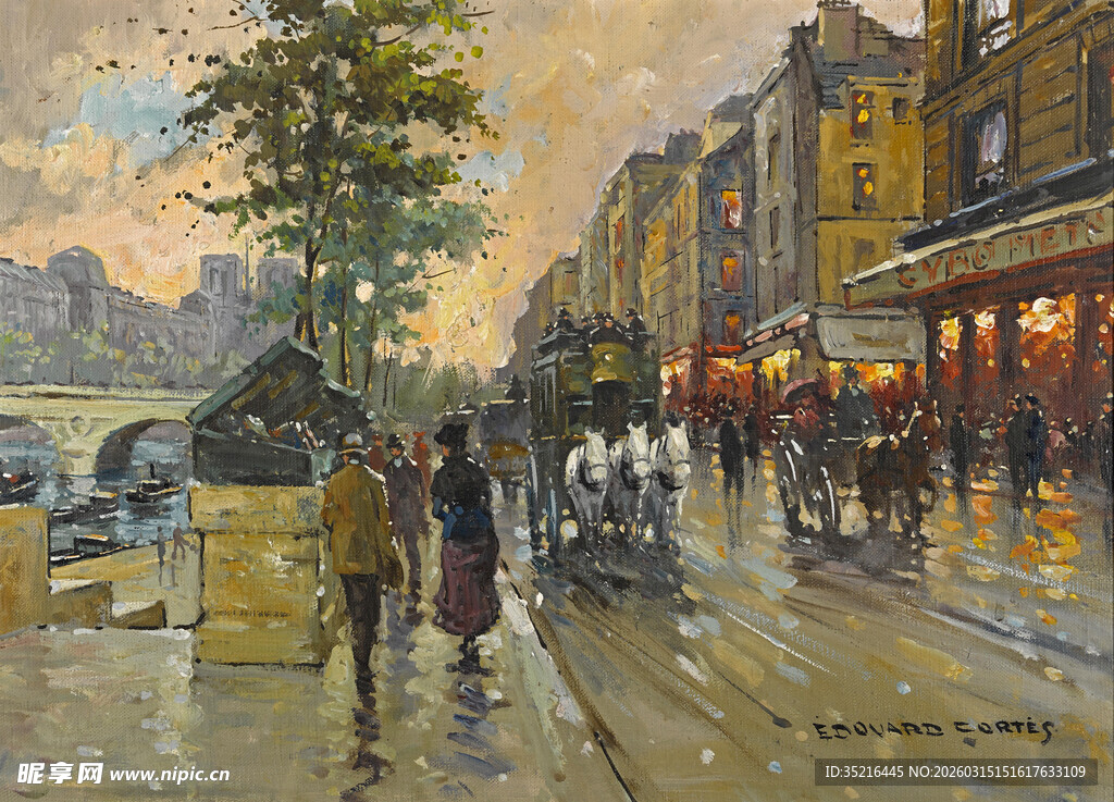 城市街道雨后行人油画场景