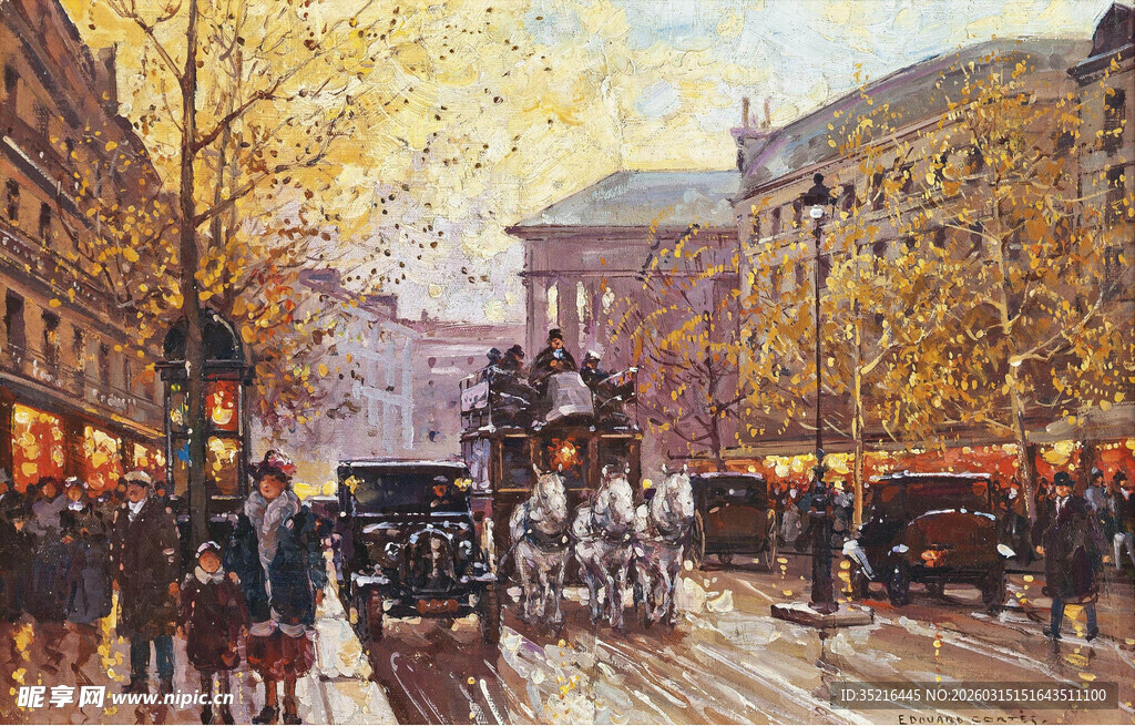 城市街景油画中的热闹景象
