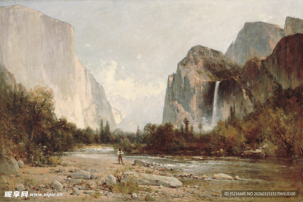 山间河谷风景油画