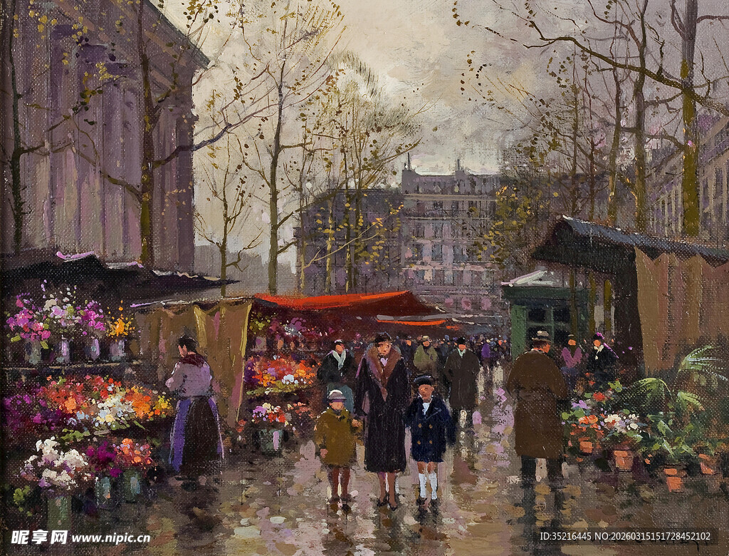 雨中花卉市场行人漫步