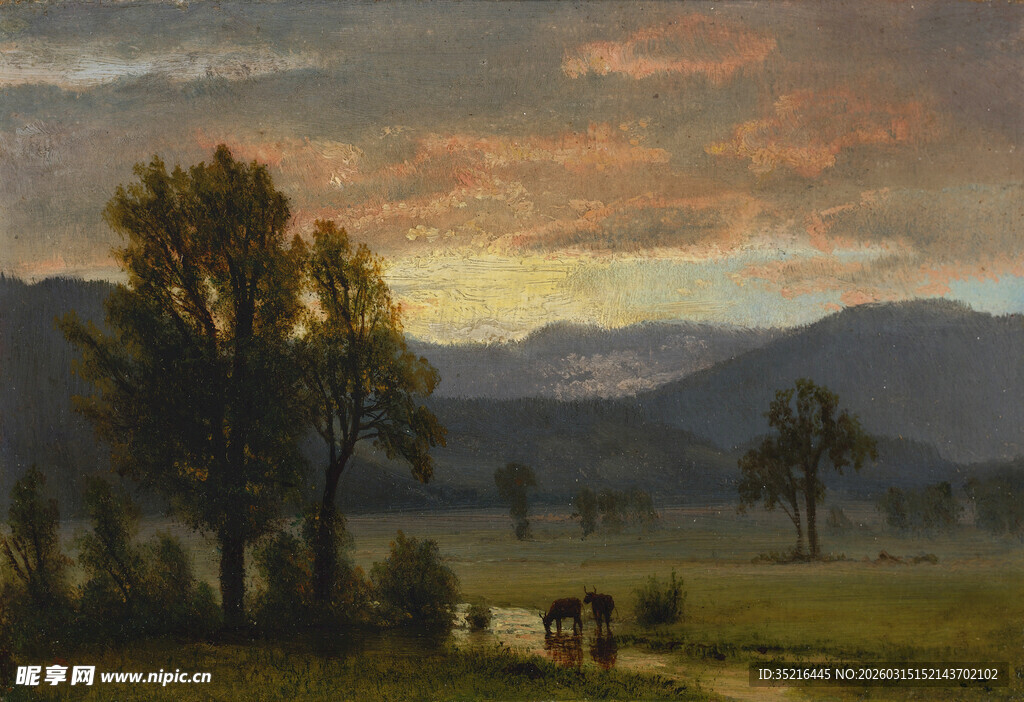 黄昏乡村田野风景油画