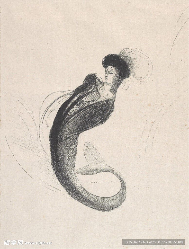 水墨风格美人鱼形象插画
