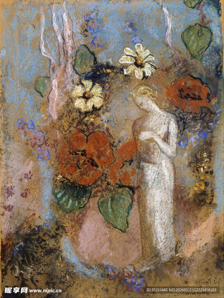 梦幻花卉前的白衣女子