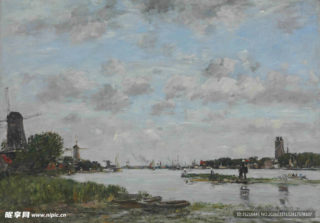 河畔风车风景油画