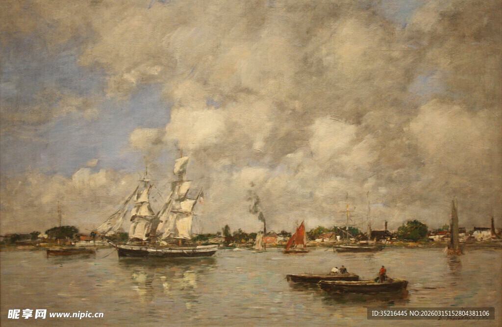 河畔帆船风景油画