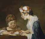 古典场景中女士与孩童互动