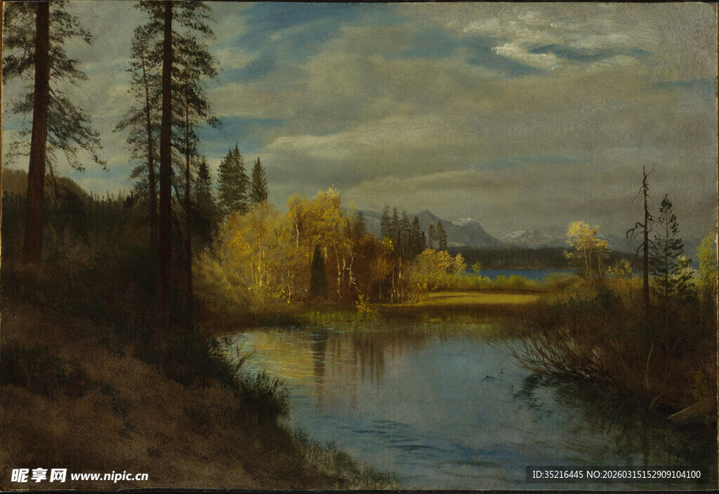 秋日河畔风景油画