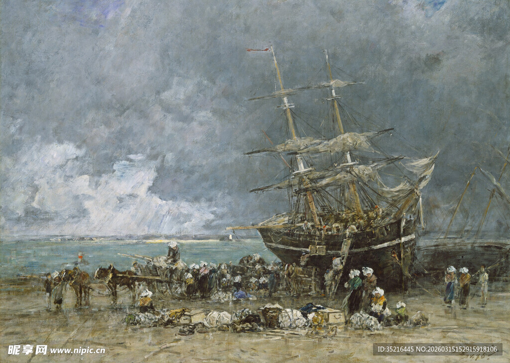 海岸边的古老帆船与人群