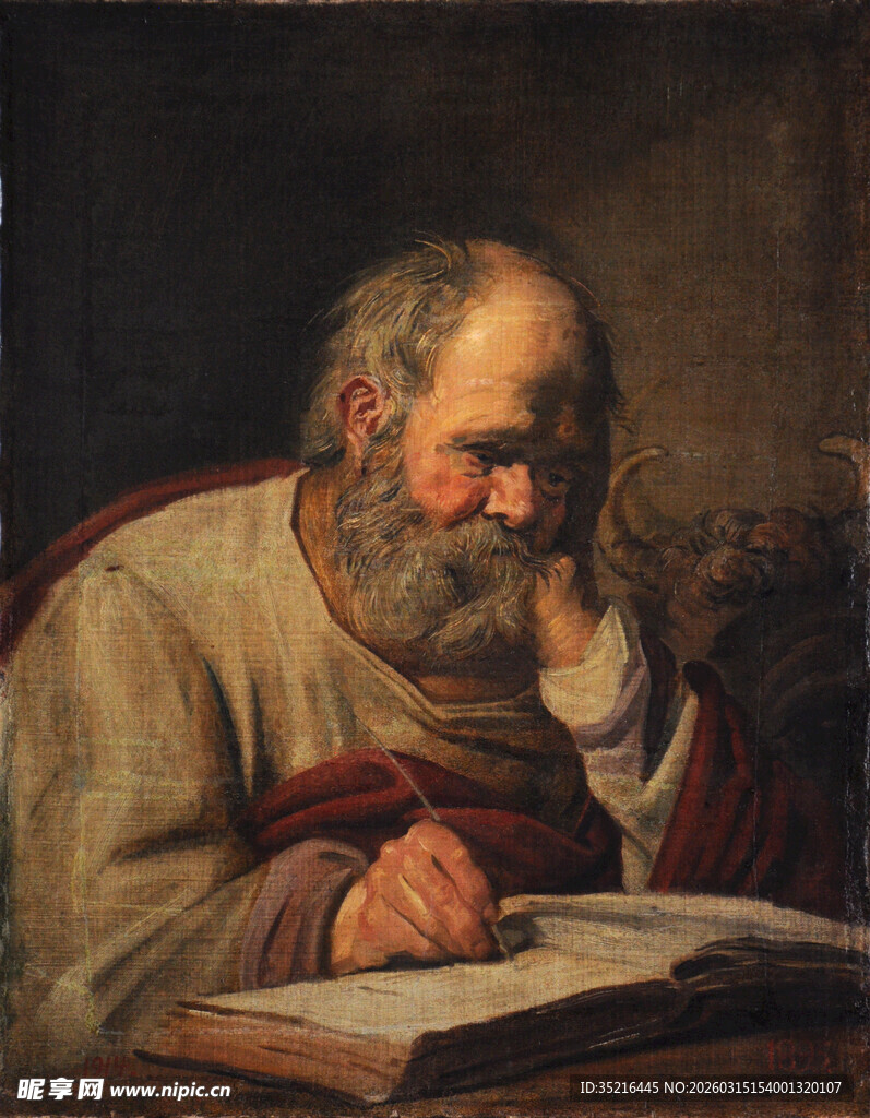 老人专注阅读的古典画作