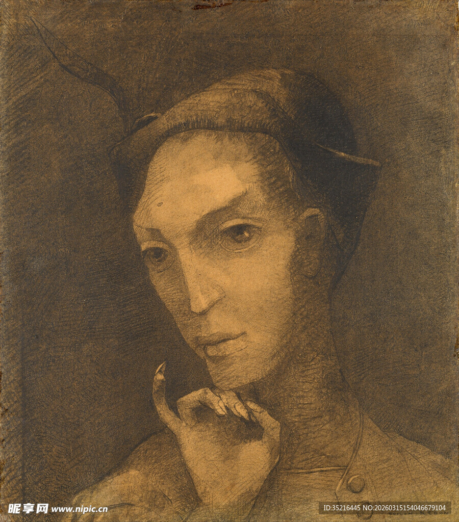 古典女性沉思肖像画