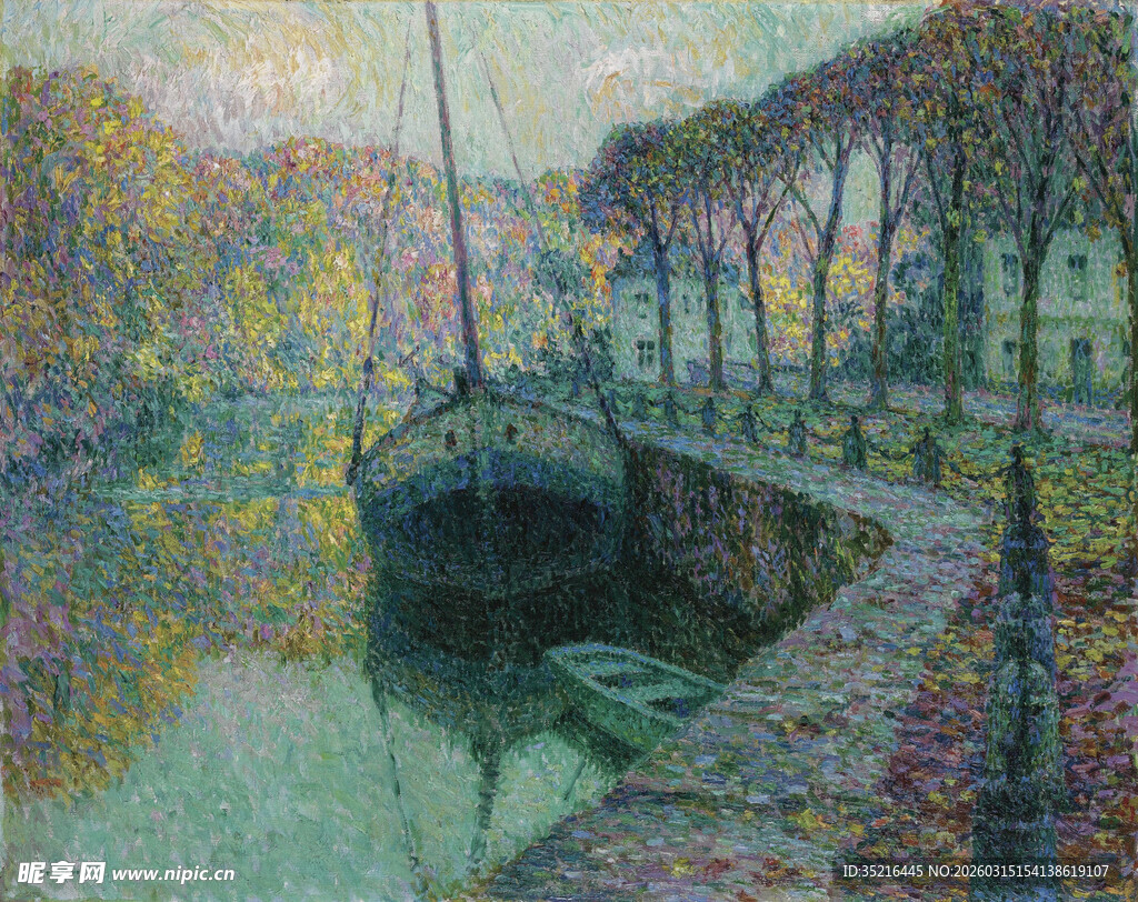 河畔船只风景油画