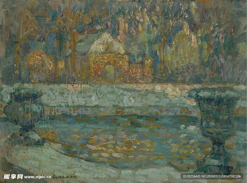 印象派风格的庭院水景画面